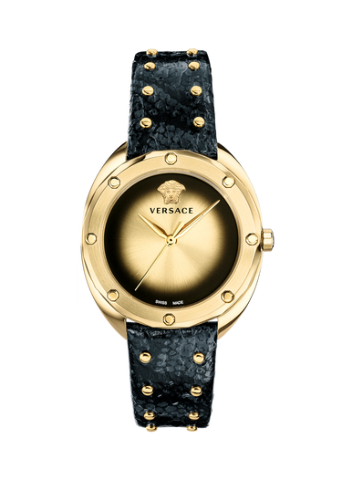 Versace Shadov Damenuhr Schwarz Leder Gold Edelstahl 38mm VEBM00318